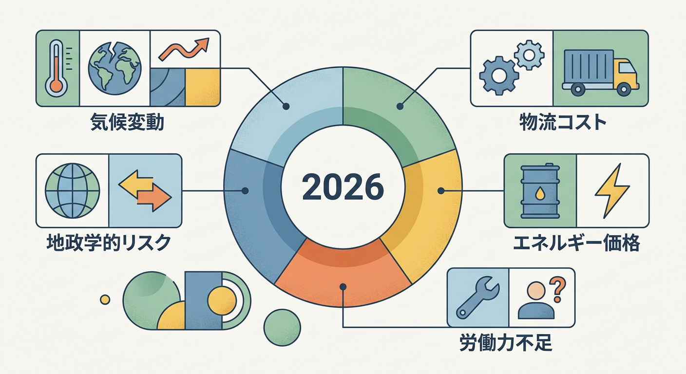 2026年の食品値上げ要因の内訳イメージの図解(フラット×インフォグラフィック/実在人物を描かない)