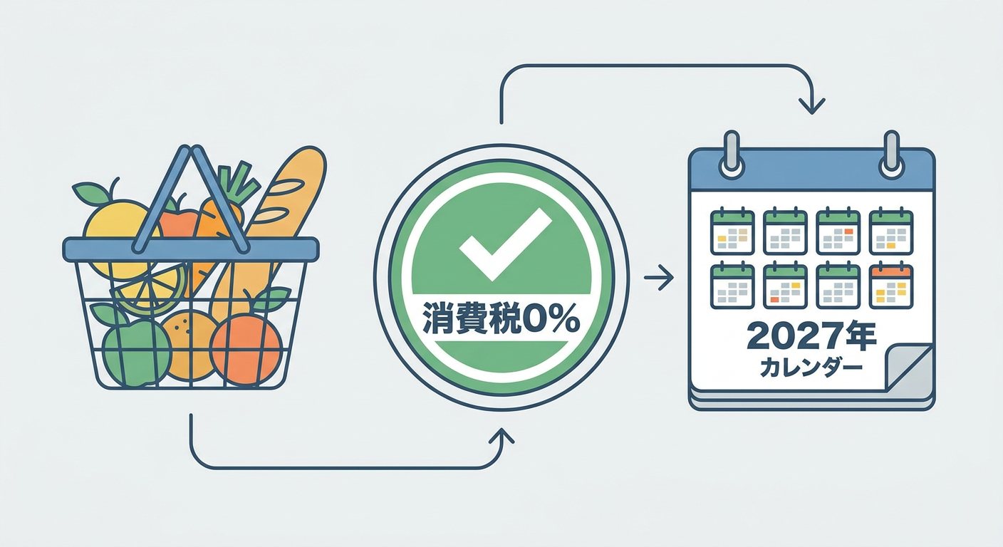 スーパーの買い物カゴと「消費税0%」マーク、2027年カレンダーを並べた図解（フラット×インフォグラフィック／実在人物を描かない）