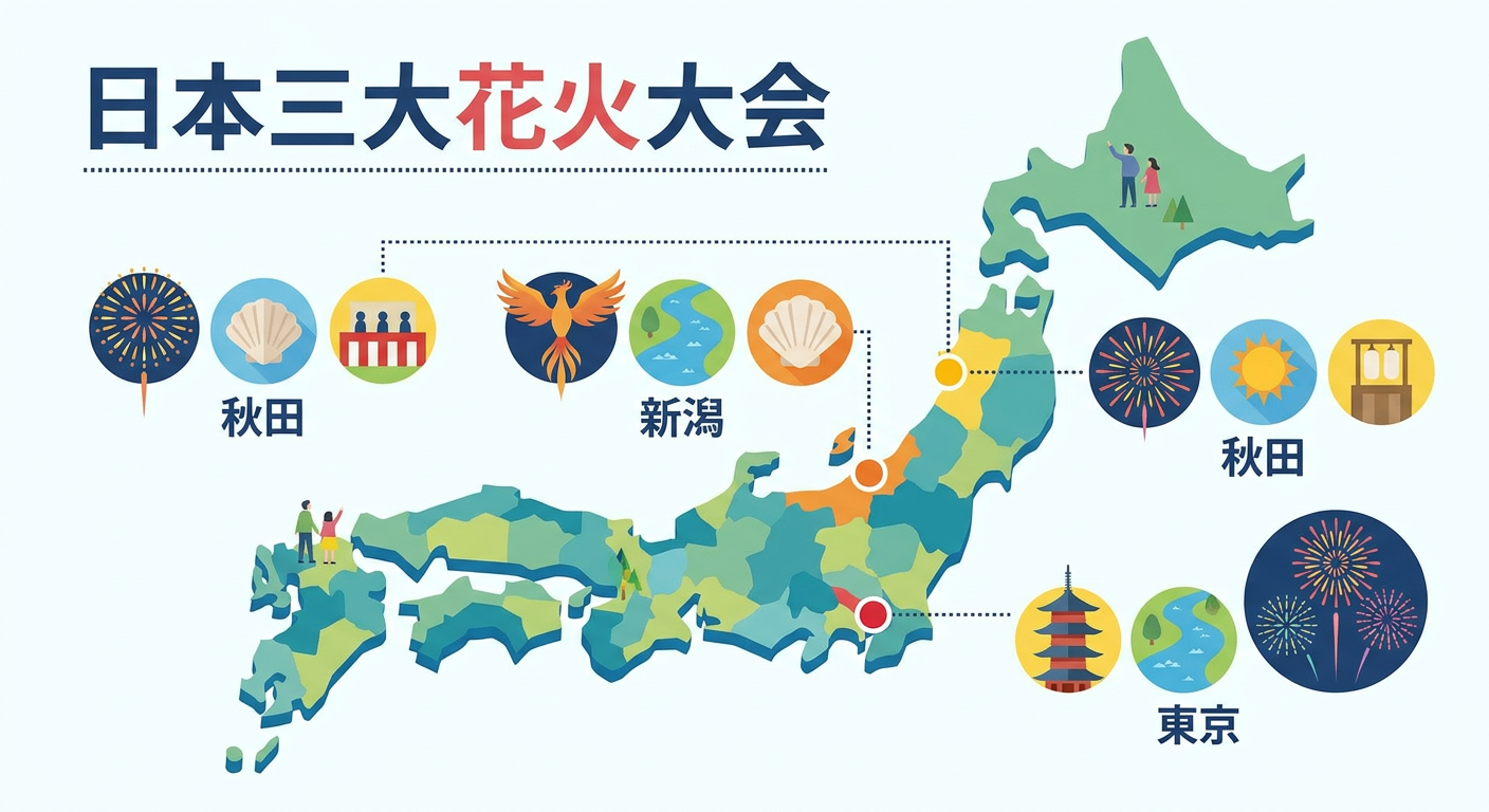 日本三大花火大会の開催地(東京・新潟・秋田)を示す日本地図のインフォグラフィック(フラット×インフォグラフィック/実在人物を描かない)