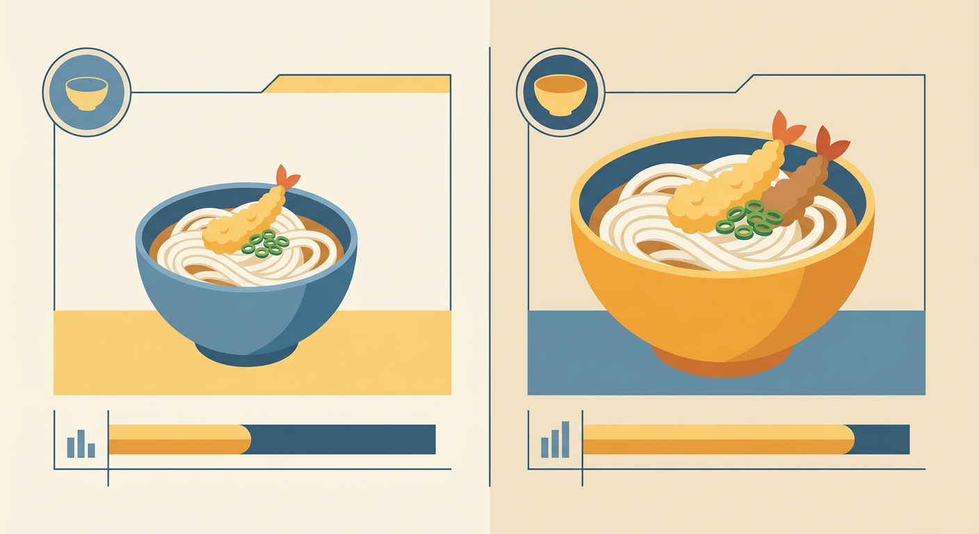 うどんの並と大のサイズ違いをイメージしたフラットイラスト