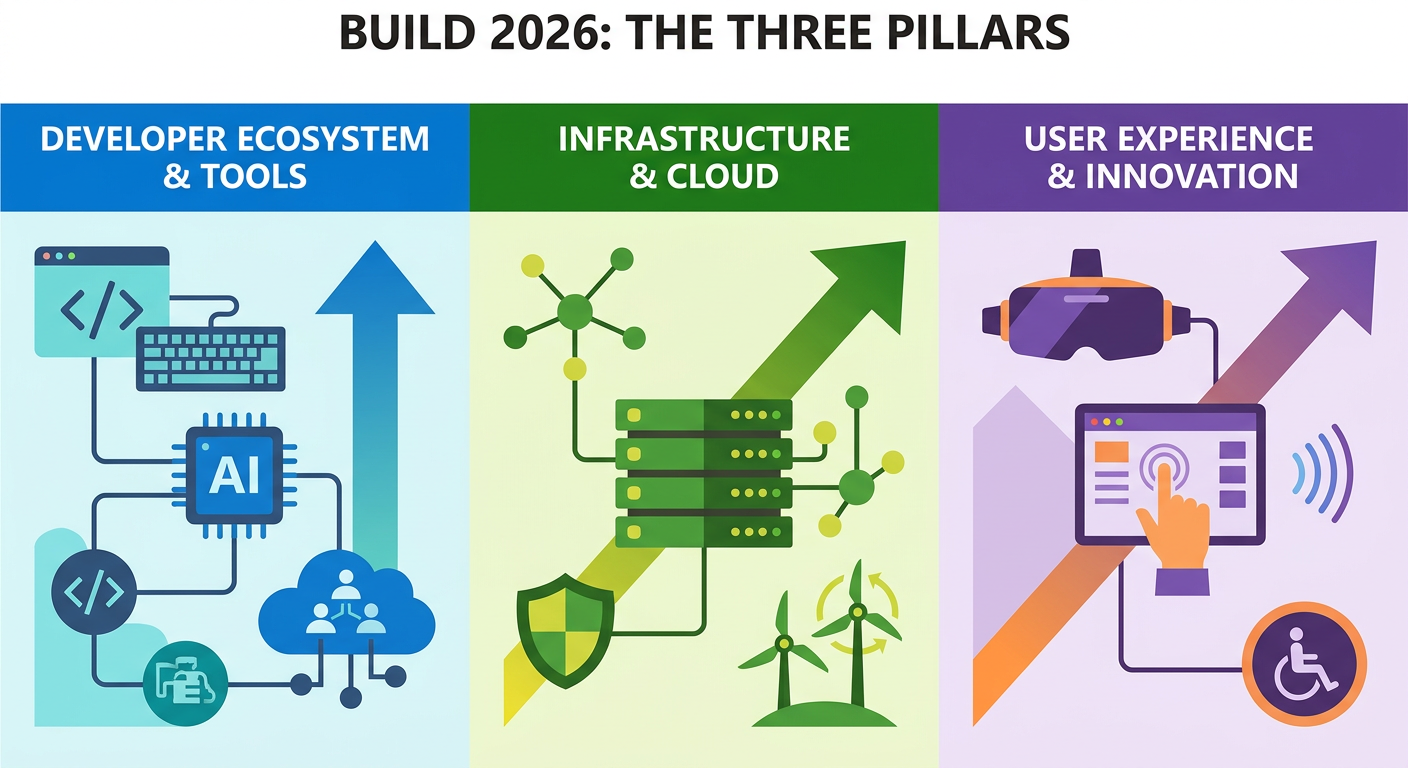 Build 2026の3つの軸を示すインフォグラフィック（フラット×インフォグラフィック／実在人物を描かない）