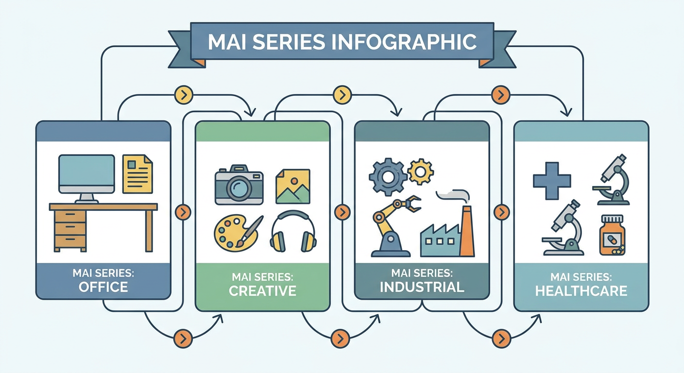 MAIシリーズの用途別ラインナップを示す図解（フラット×インフォグラフィック／実在人物を描かない）