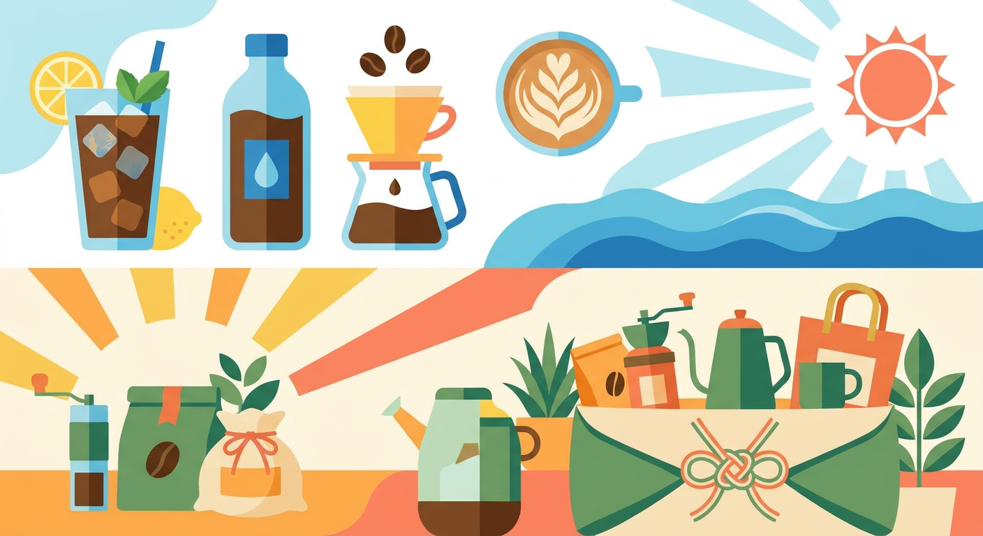 夏らしいコーヒーと福袋をイメージしたフラットイラスト