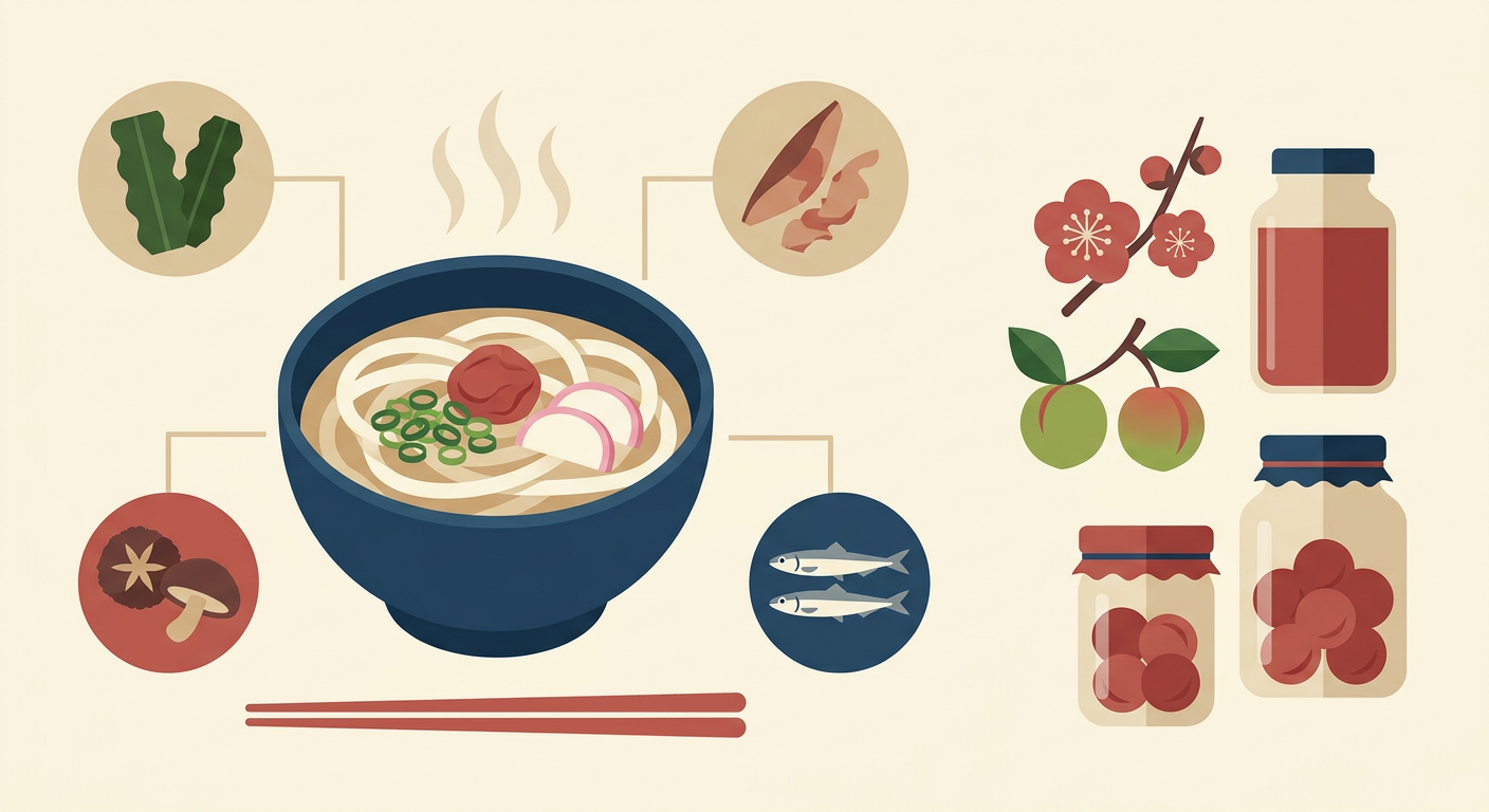和風だしのうどんと梅をイメージしたフラットイラスト