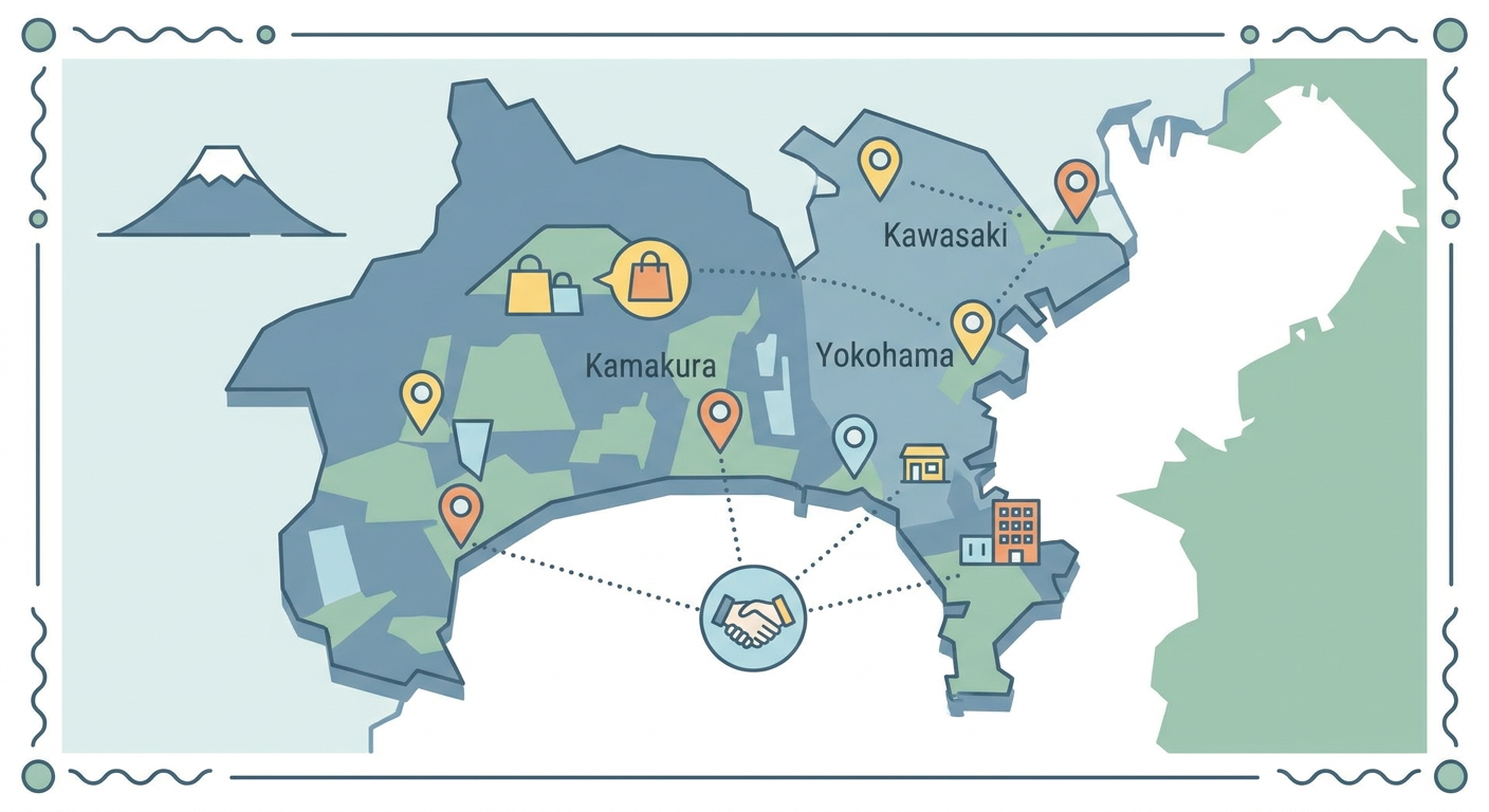 神奈川県への出店をイメージした地図風フラットイラスト(人物なし)