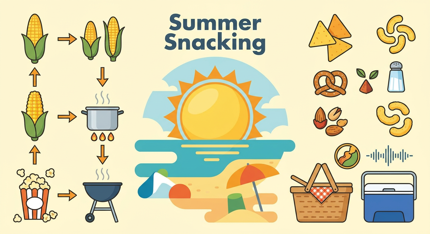 黄色いコーンと香ばしいスナックをイメージした、夏らしいフラットなインフォグラフィック