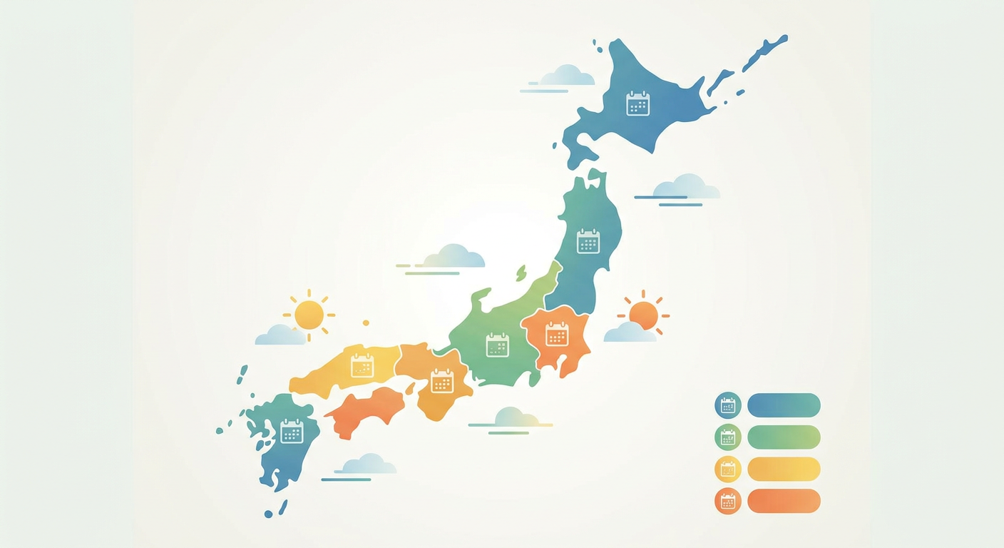日本地図に梅雨明け時期を色分けしたイメージ図（フラット×インフォグラフィック／実在人物・ロゴを描かない）