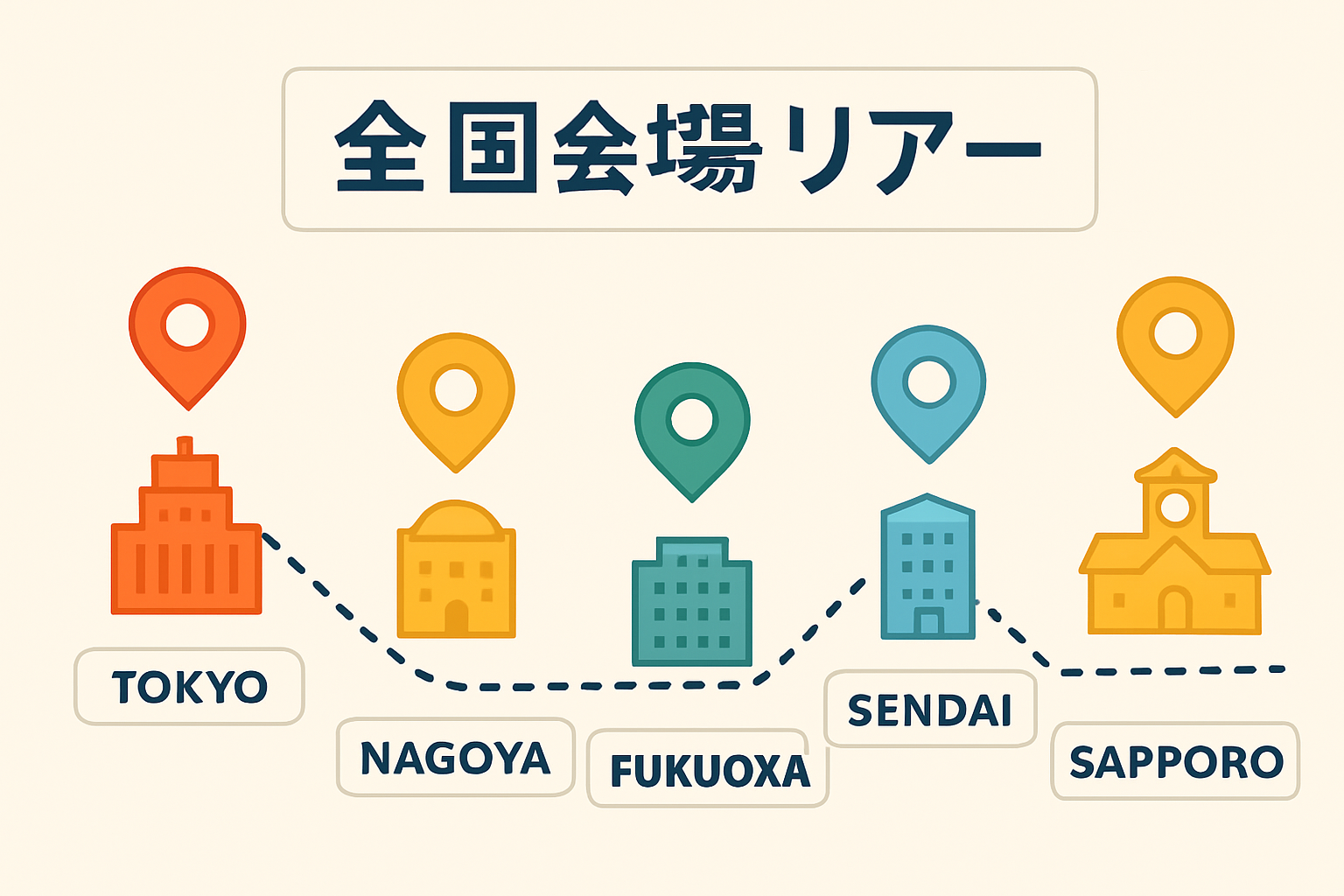 全国6会場の巡回スケジュールを時系列で示した図解(フラット×インフォグラフィック/実在人物やキャラクターは描かない)