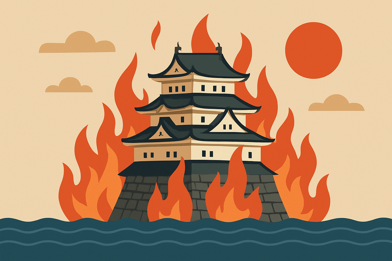 戦国時代の城と炎をイメージしたフラットなインフォグラフィック（人物は描かない）