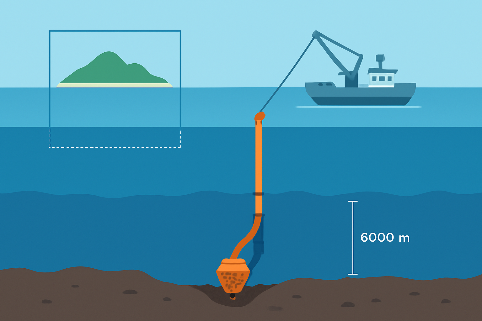 南鳥島EEZの位置と水深6000mの海底からレアアース泥を引き揚げる仕組みの断面図解（フラット×インフォグラフィック／実在人物を描かない）