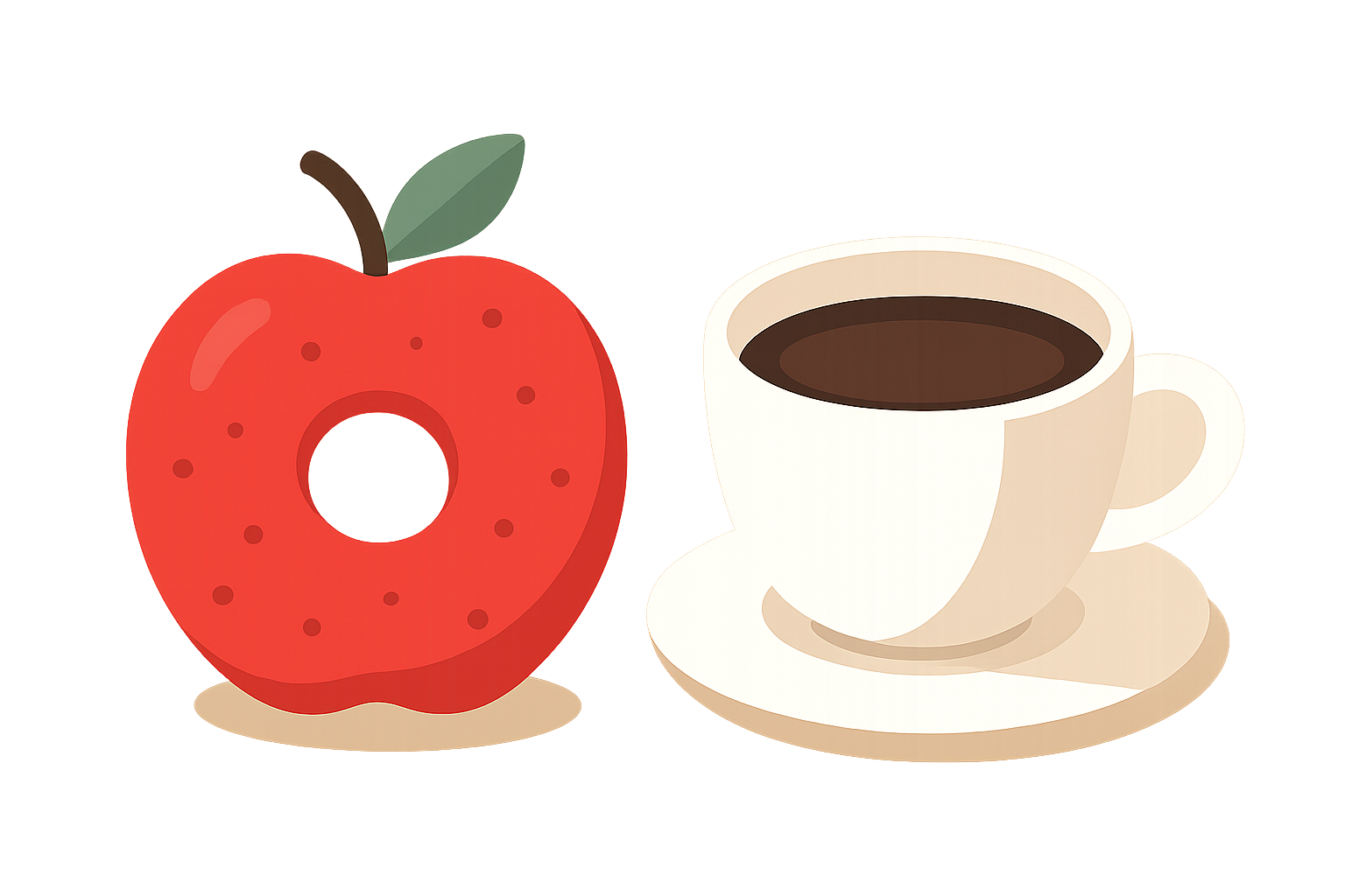 りんごモチーフのドーナツとコーヒーのフラットイラスト（人物は描かない）