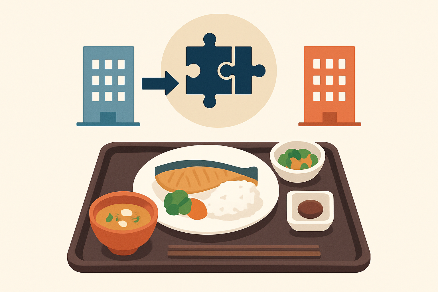 和食の定食トレイと企業の合併をイメージしたインフォグラフィック