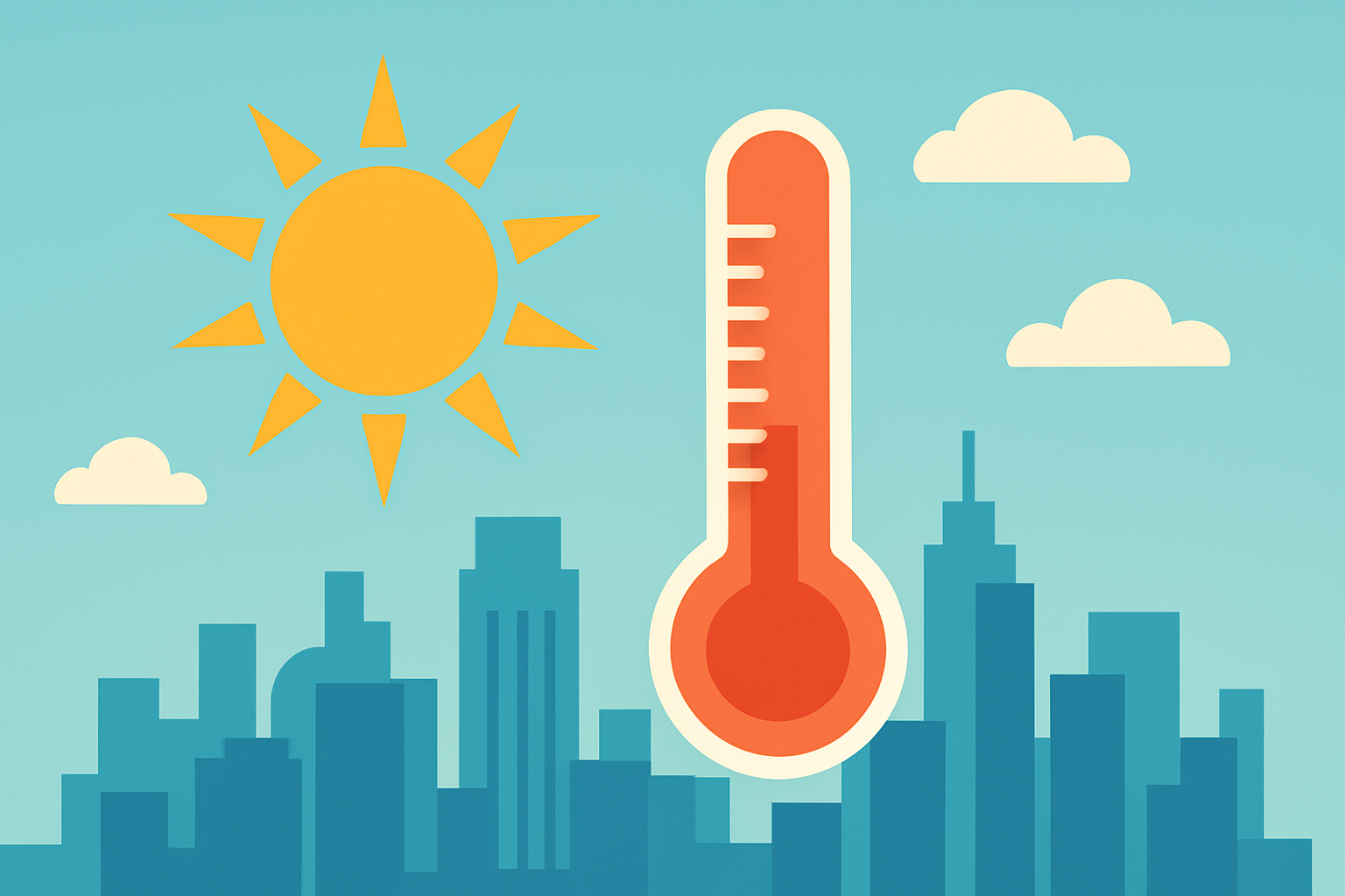 夏の強い日差しと高温をイメージしたインフォグラフィック(太陽・気温計・都市のシルエット。実在人物は描かない)