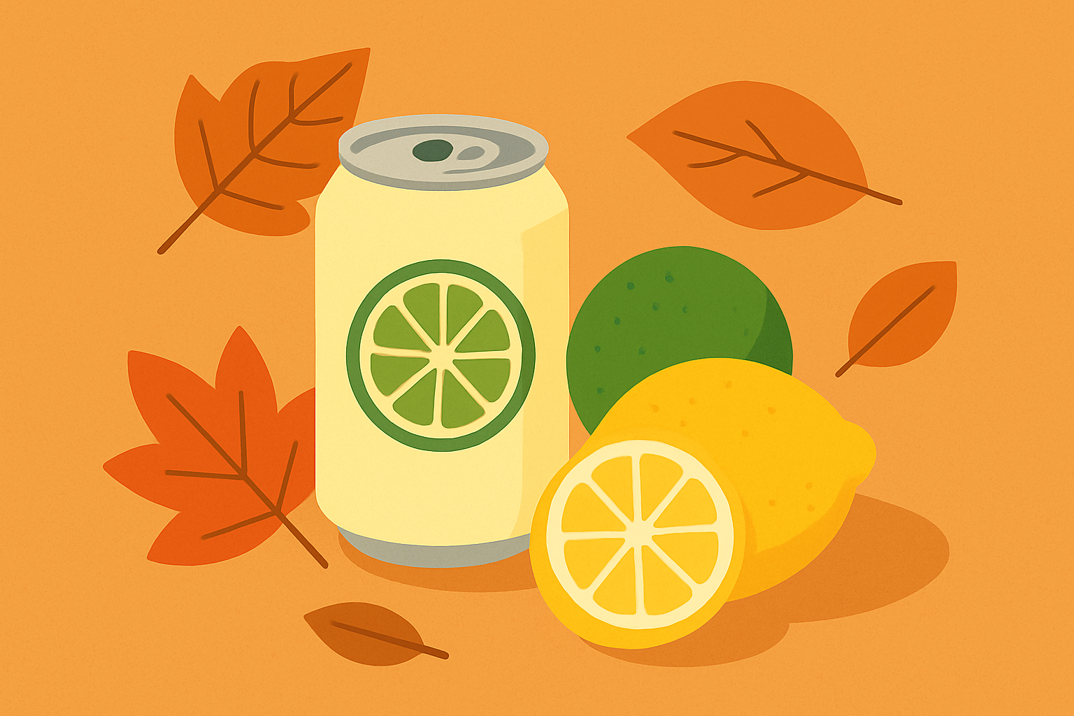 秋のテーブルに置かれたノンアル飲料の缶とかぼす・レモンのイメージ（非人物・フラットイラスト）
