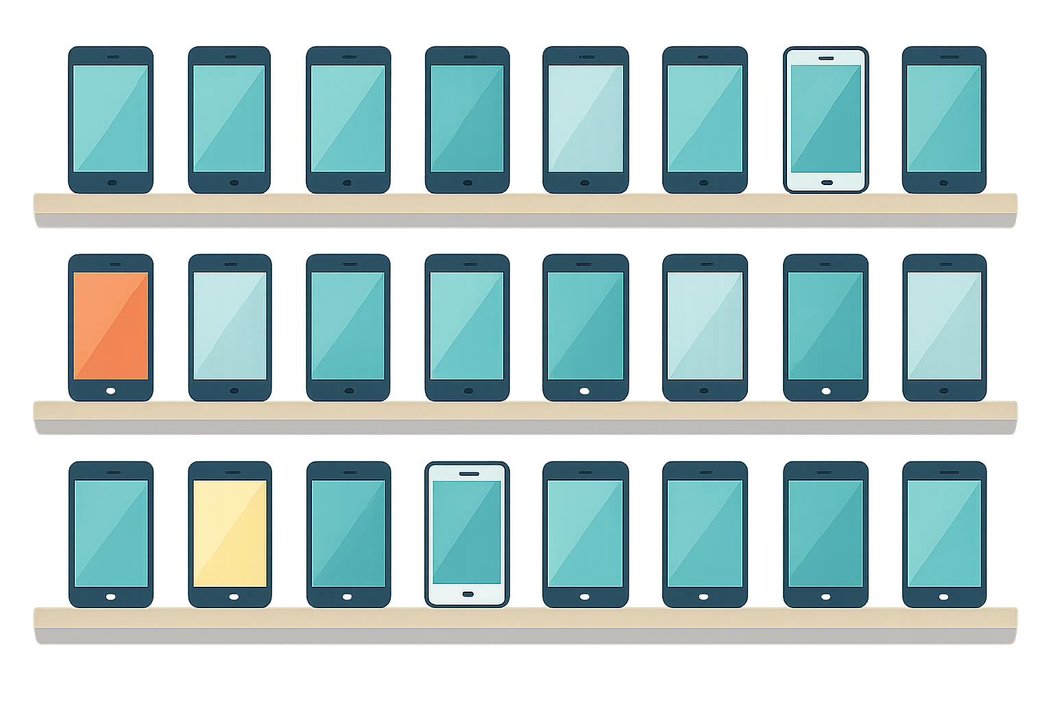 大量のスマートフォンが棚に整然と並ぶインフォグラフィック(非人物)