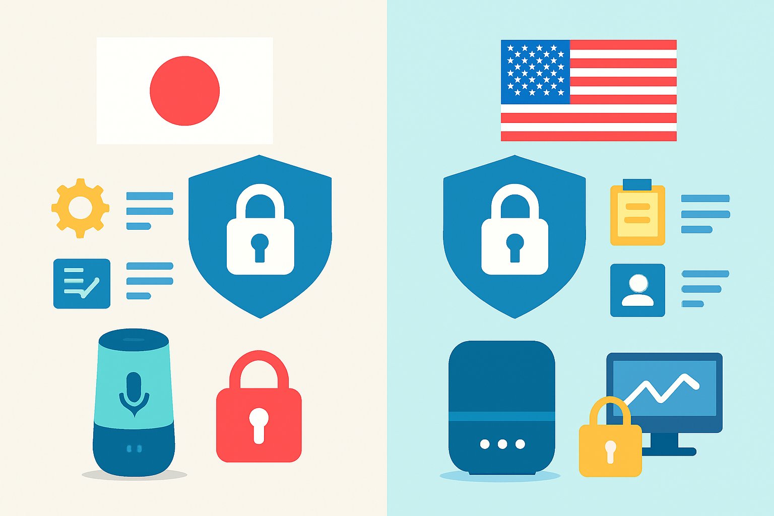 日本と米国のIoT機器セキュリティ制度を並べた比較図（フラット×インフォグラフィック／実在人物を描かない）