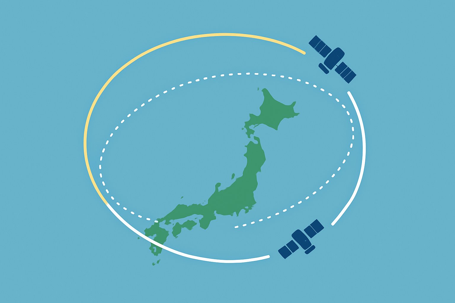 日本上空を通る準天頂軌道と静止軌道の違いを示す図解（フラット×インフォグラフィック／実在人物を描かない）