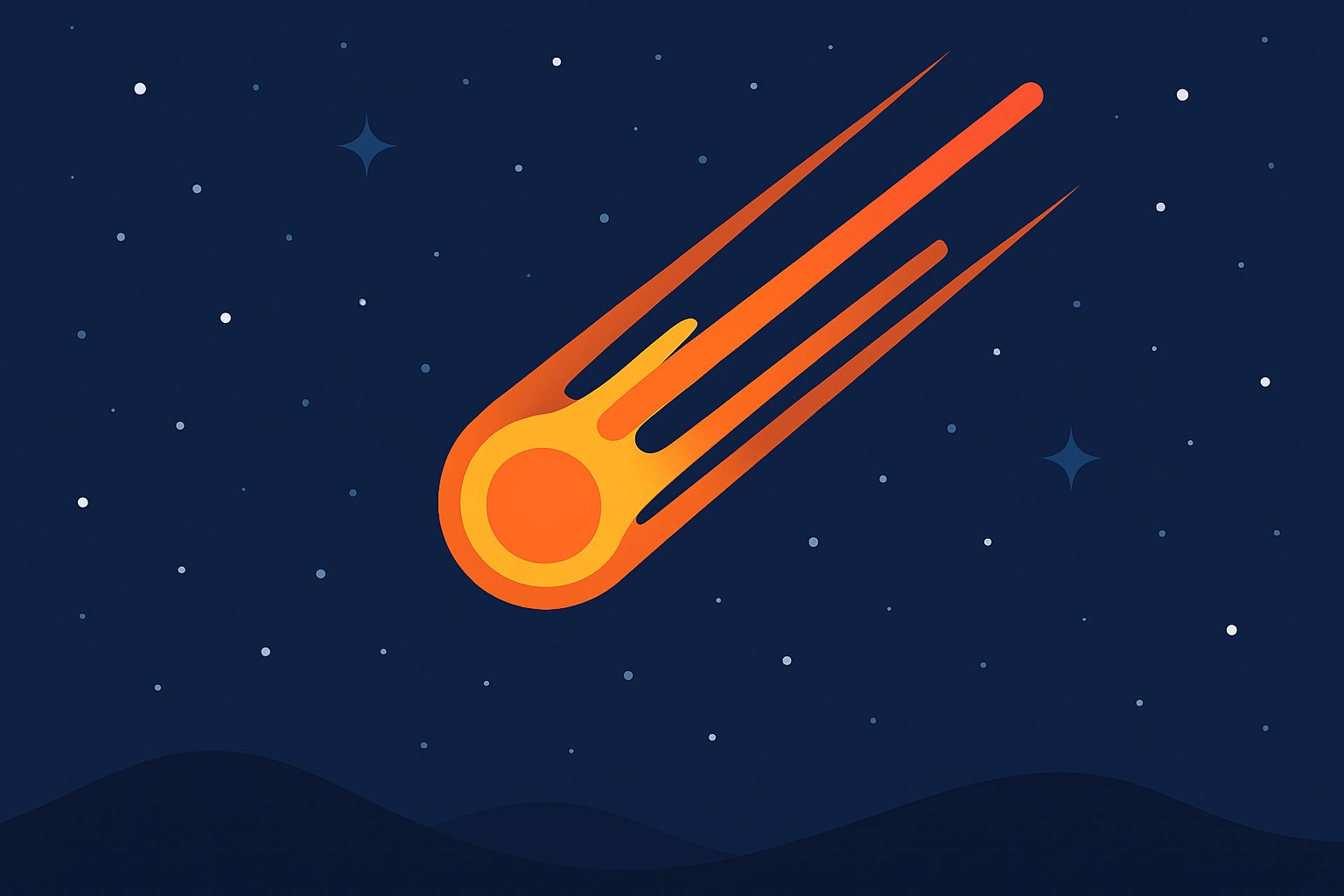 夜空に流れる明るい火球のイメージ（フラット×インフォグラフィック／実在人物を描かない）